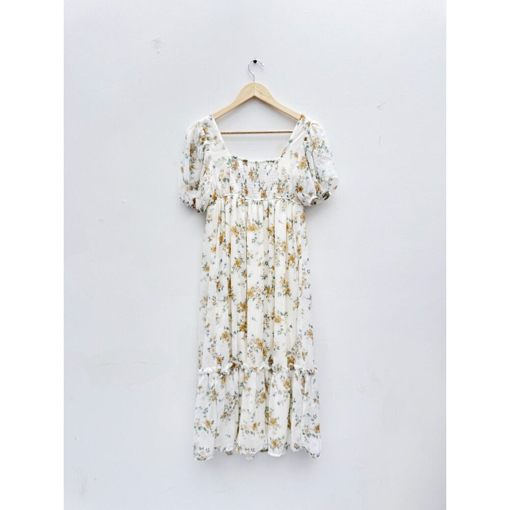 August Sky Ivory Yellow Floral Smocked Square Neck Midi Dress Size S